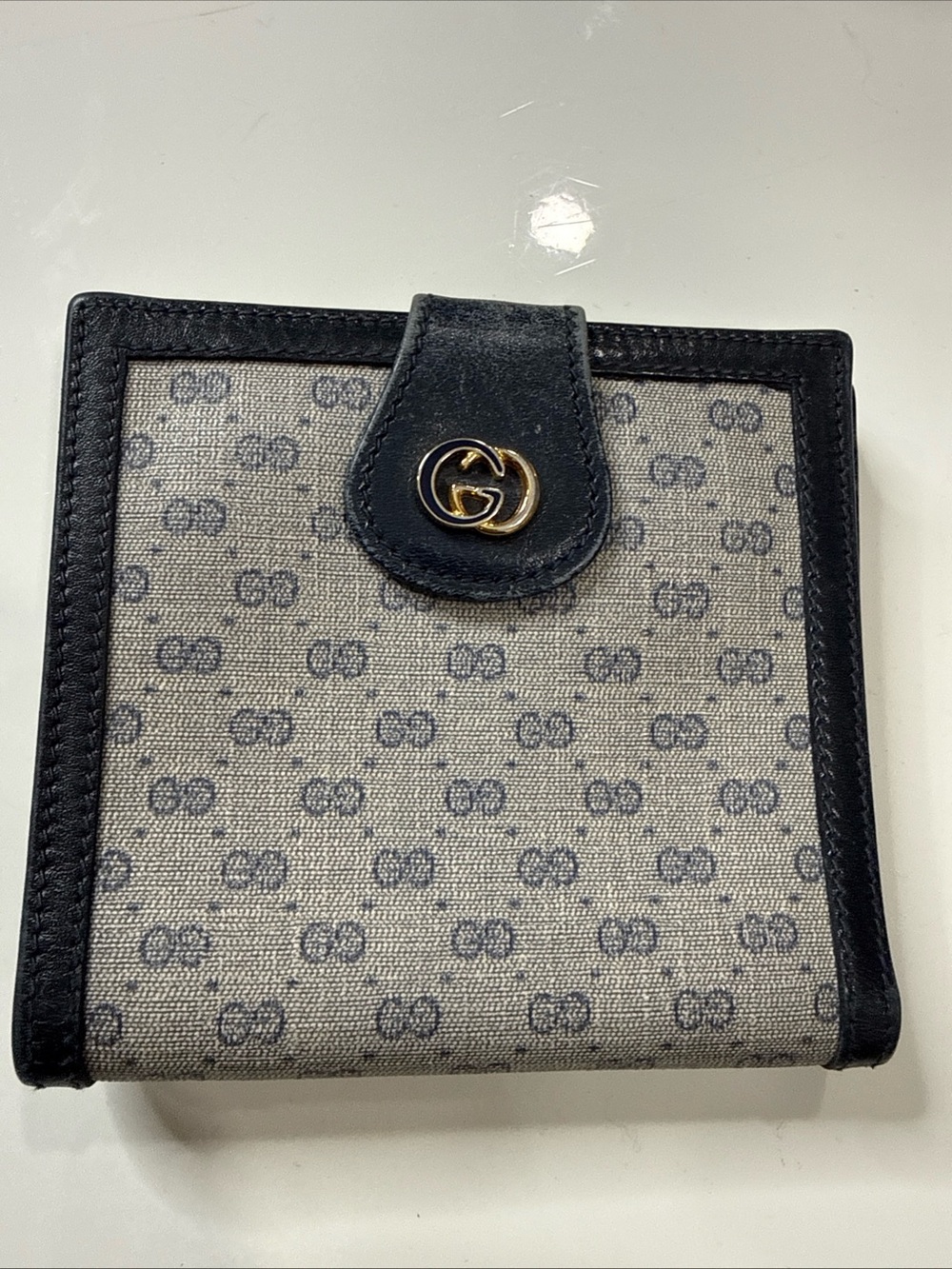 GUCCI GG Monogram Navy Blue Leather Coated Canvas Compact Bifold Wallet Vintage